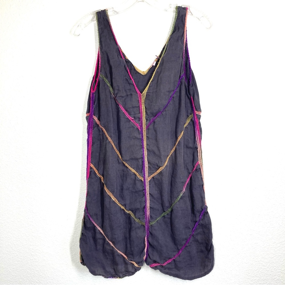 Calypso St. Barth Linen Mini Dress Medium Sleeves less Gray Rainbow Embroidered